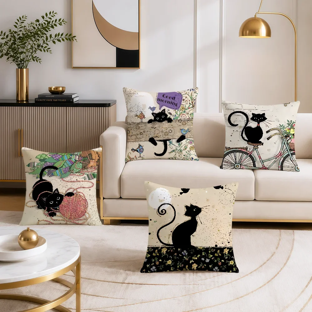 Retro Black Cat Cat Cartoon Cushion Cover Soft Double Sided Pillowcovers Hogar Sofa Living Room Home Bed Decor Pillowcase Gift