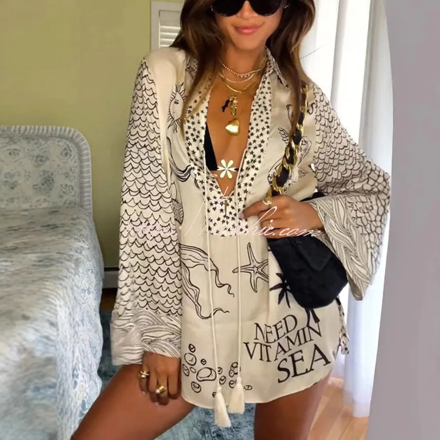 

2026 Summer Fashion Women's V-neck Long sleeved Shirt Shorts Loose Printed Leisure Vacation Set