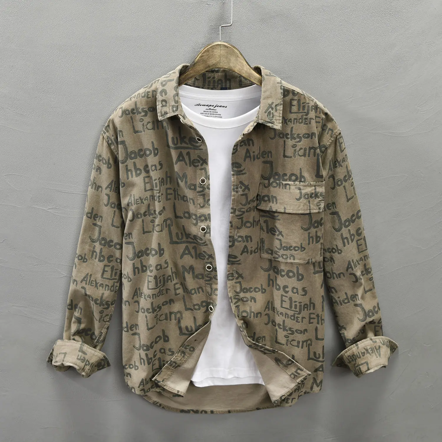 Japanese Retro Letter Printed Long-sleeved Shirt Men Spring and Autumn Fashion Large Size Casual Loose Shirt Jacket Trendy