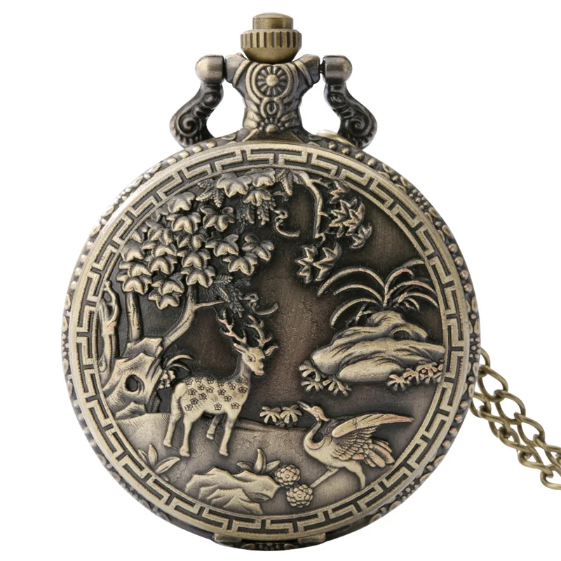 Steampunk Pocket Watch Nature Inspired Deer Crane Forest Embossed Quartz Movement Watches Bronze Pendant Clock with Chain