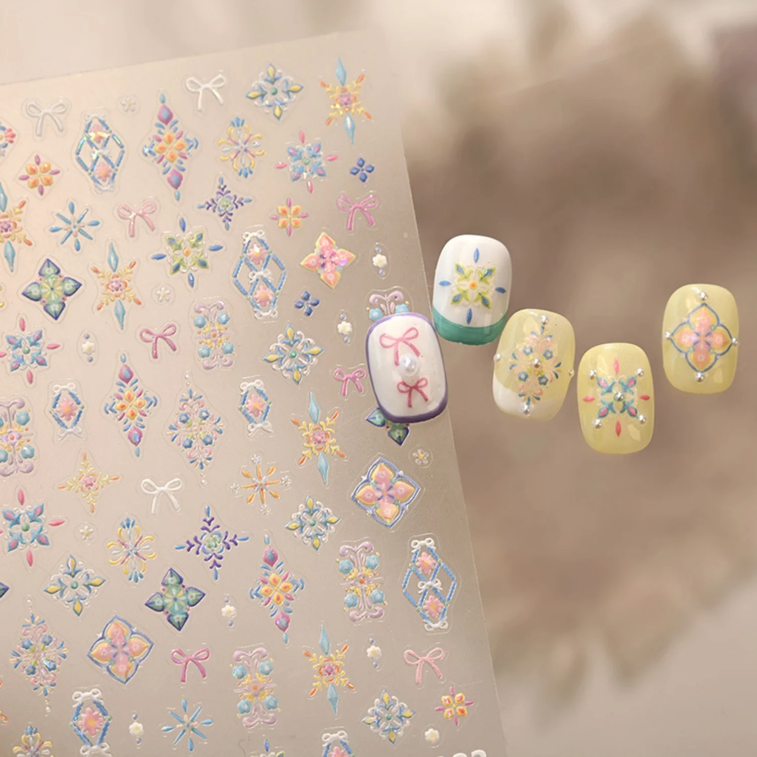 5D Macaron Diamond Plaid Nail Art Stickers Rhombus Grid Four-Leaf Flower Star Pattern Bow Self-Adhesive Decals for Sweet Nails