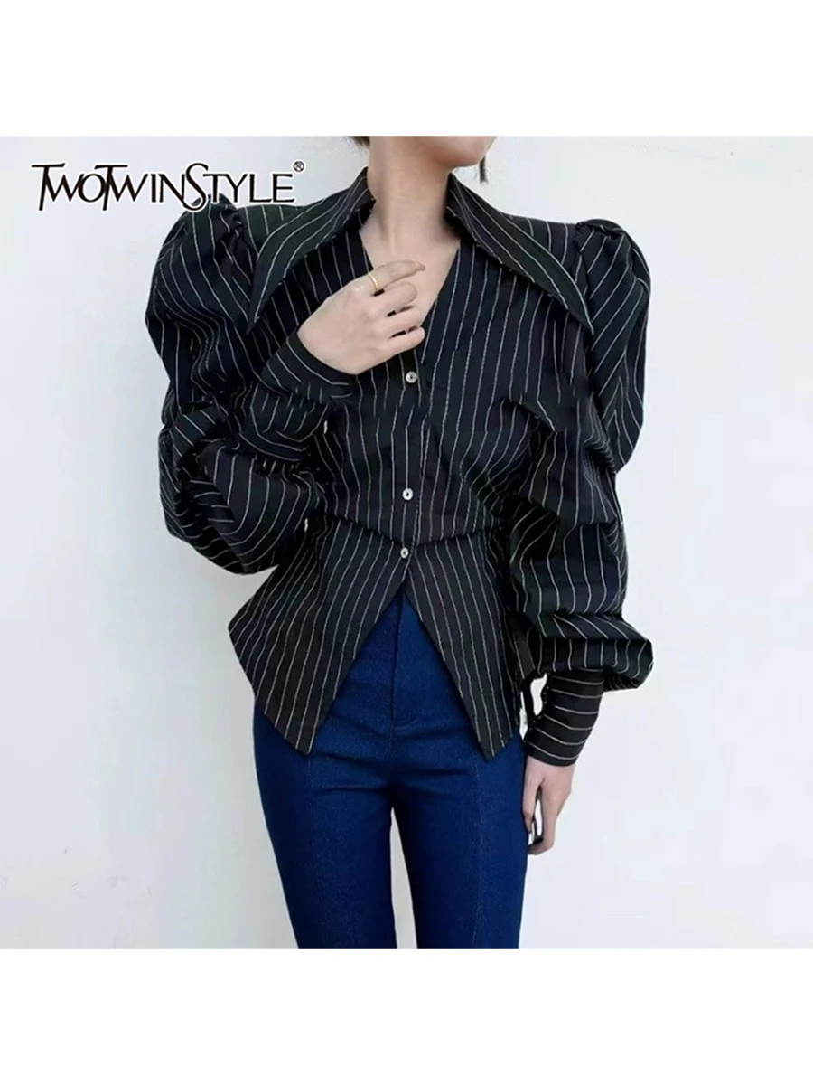 

TWOTWINSTYLE Solid Spliced Striped Temperament Shirts for Women Lapel Long Sleeves Patchwork Button Fashion Shirt Female Clothes