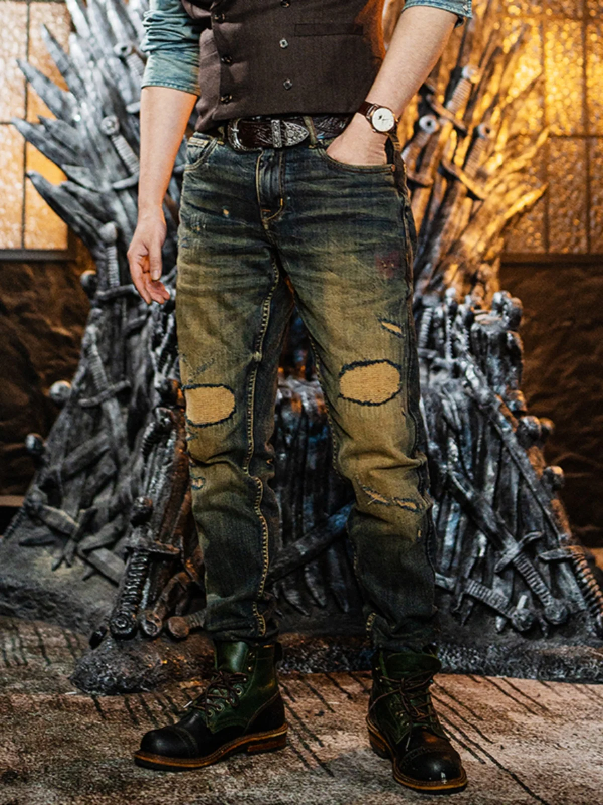 

Mo Men's Vintage Washed High-End Denim Jeans American Style Ripped Straight Leg Long Pants Moorchrne Scs001 Casual Cotton Str...