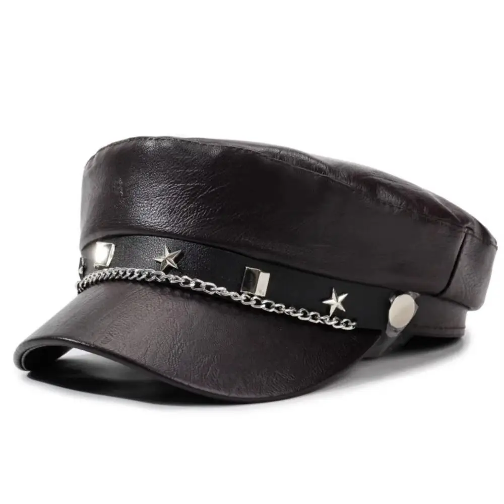 Vintage Hip-hop Star Rivet Beret Punk Y2k Flat Top Cap Metal Chain Decor Pu Leather Octagonal Cap for Girls