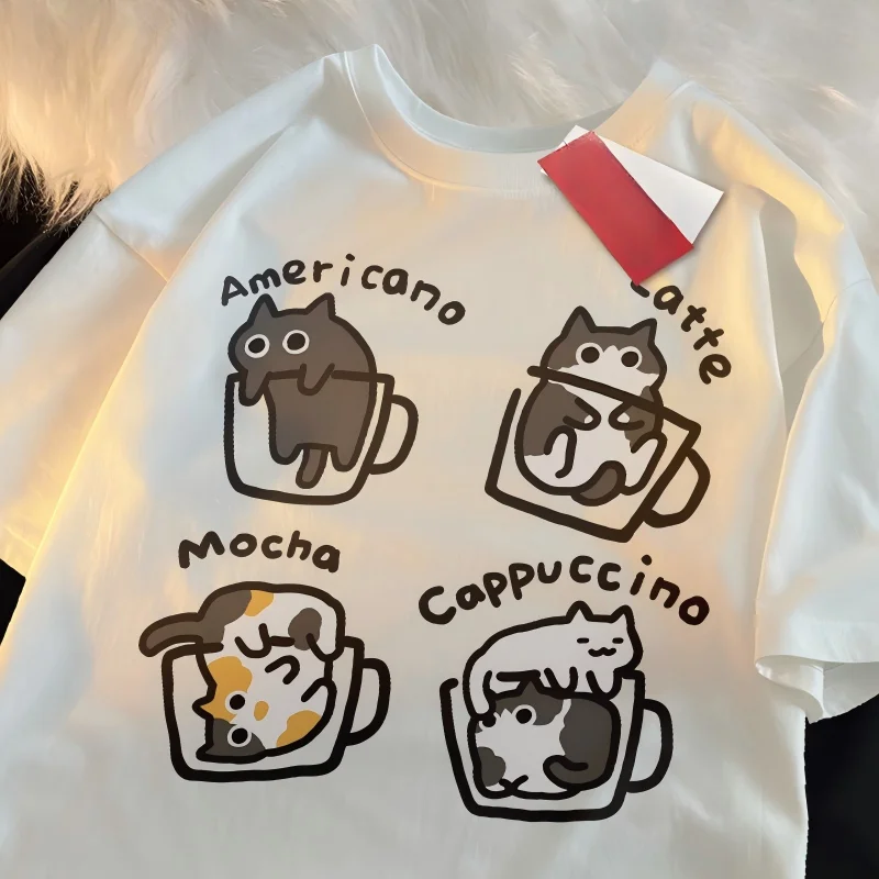 Cat Coffee Pure Trendy Summer Loose Short Sleeved T-shirt Men Women Original Mocha Latte Cat Three Flowers Fun Cat Tees