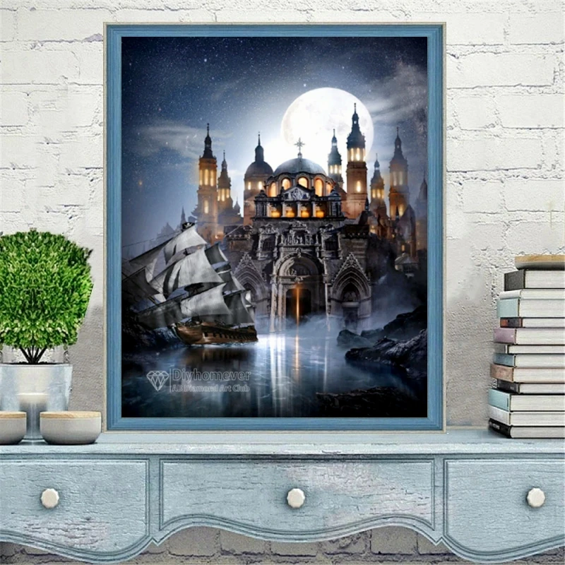 Moonlight Seaside Castle AB Diamond Painting Mosaic Landscape Cross Stitch Rhinestones Handmade Craft Embroidery Home Decor Gift