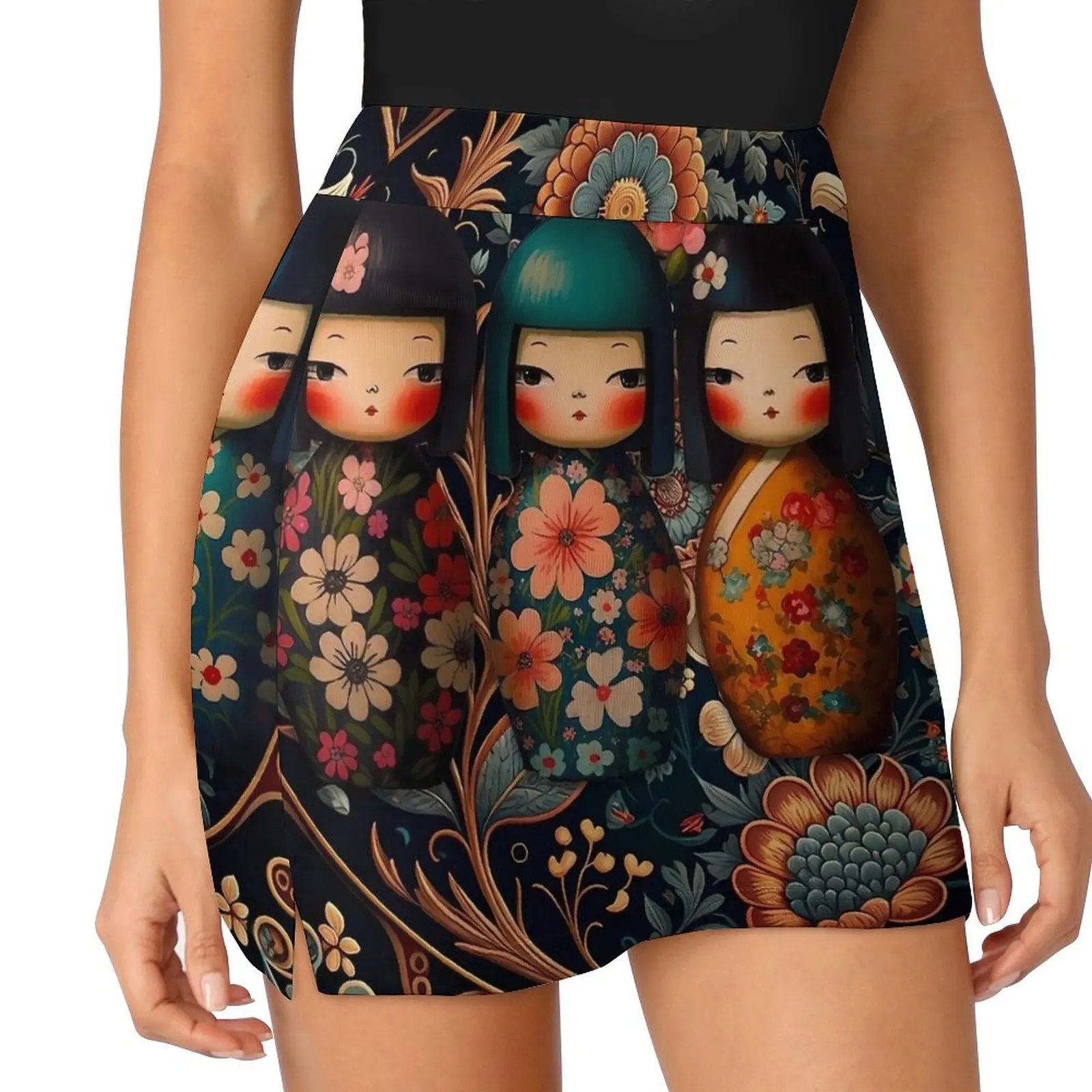 

Japanese Dolls Skirt Ladies Fancy Kokeshi Dolls Kawaii Mini Skirts High Waist Pattern Y2K Casual Skirt Big Size