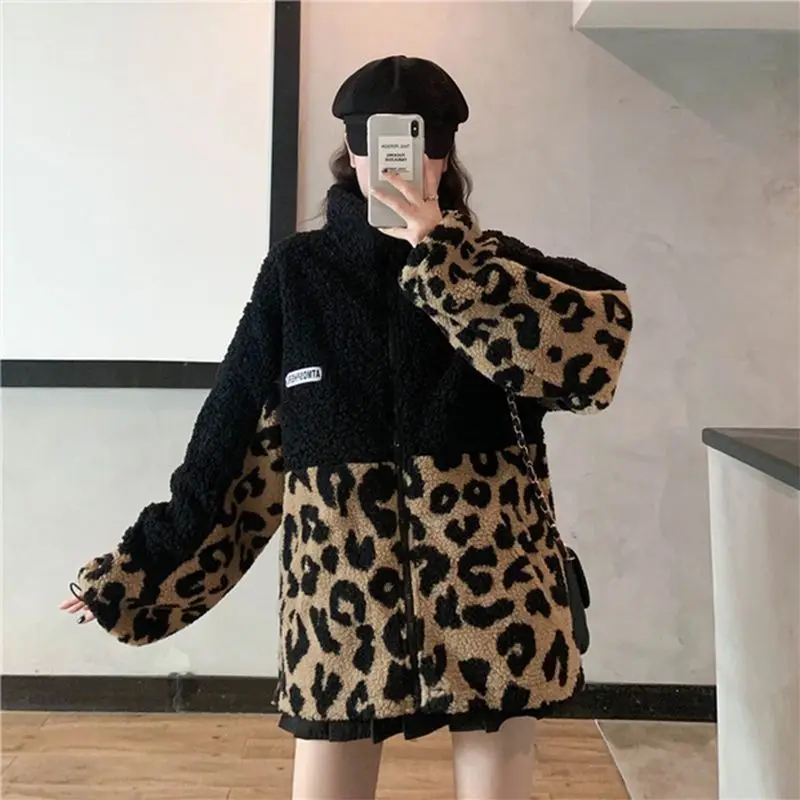 Autumn/winter Womens Patchwork Leopard Print Loose Thick Fleece Coat