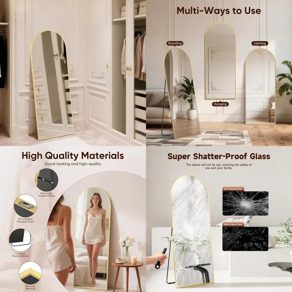 

Large Gold Tempered Glass Arched Floor Mirror with Stand, Wall Hanging Body Length Mirrors for Home Decor