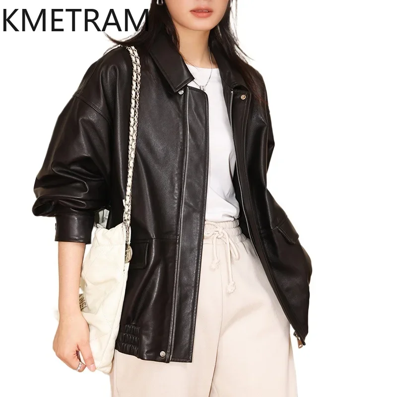 Real Sheepskin Leather Jacket Women Fashion Black Jackets 2024 High Quality Outerwears Autumn Clothes Loose Fit дубленка женская