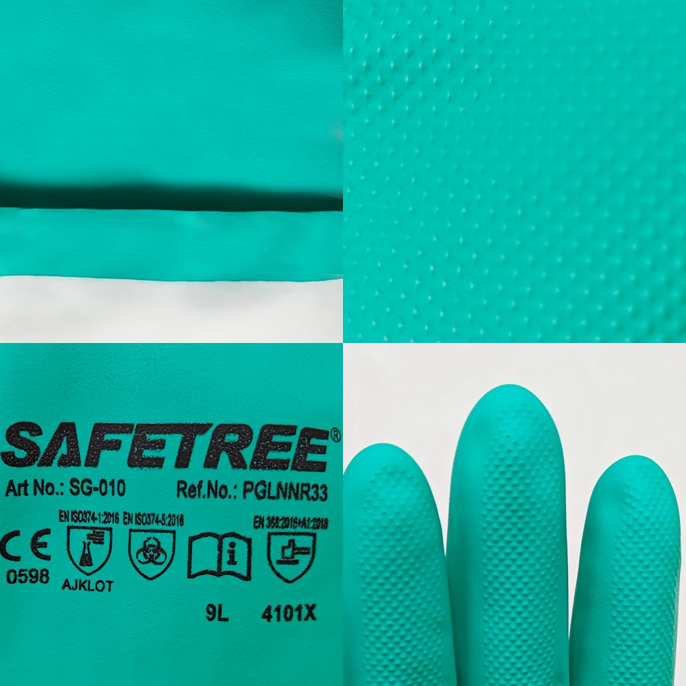 SAFETREE 15mil 33cm Green Nitrile Chemical Resistant Gloves Latex-Free Heavy Duty Oil&Acidproof MICROORGANISMS Safe Glove