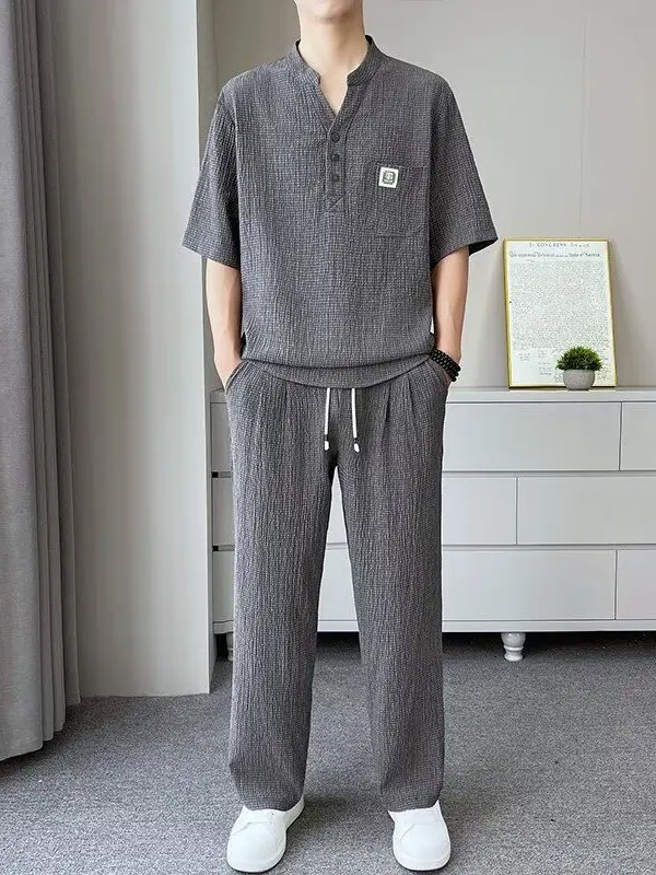 Summer New Casual Ice Silk V-neck Loose Fit Short Sleeve Long Pants Two-piece Set Lightweight Wrinkle Elastic Men's Suit
