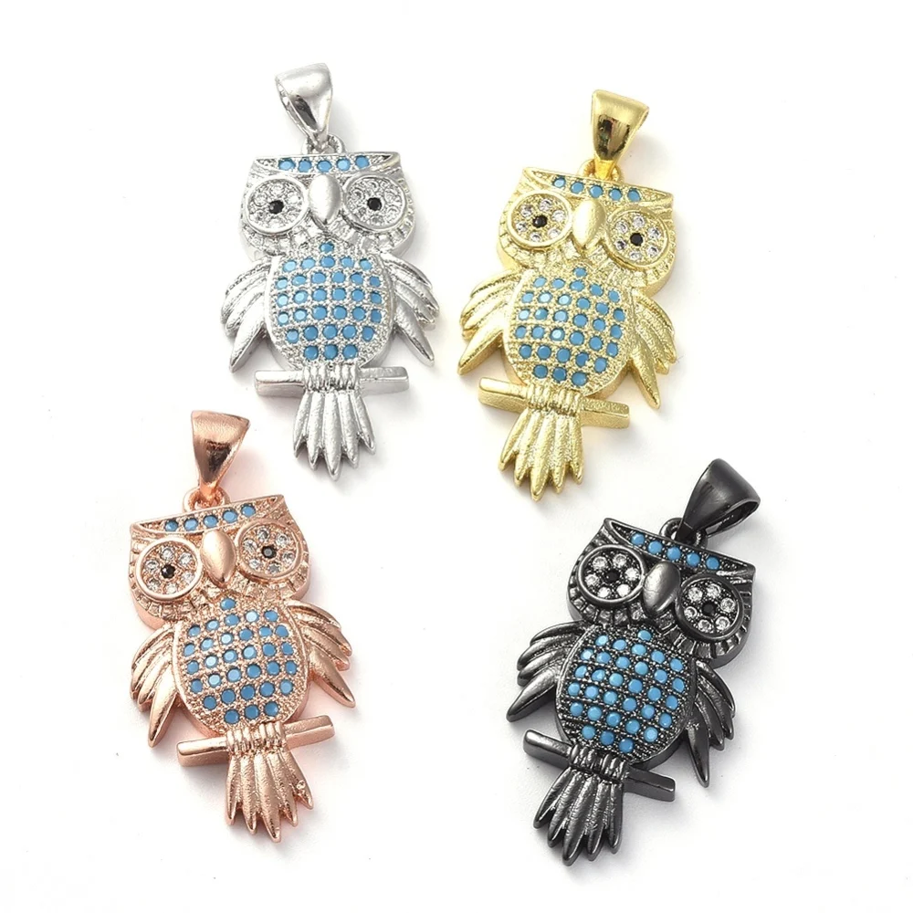 5pc Brass Micro Pave Cubic Zirconia Owl Pendants for DIY Making Halloween Theme Jewelry Necklace Earring Accessories 25x14.5x4mm