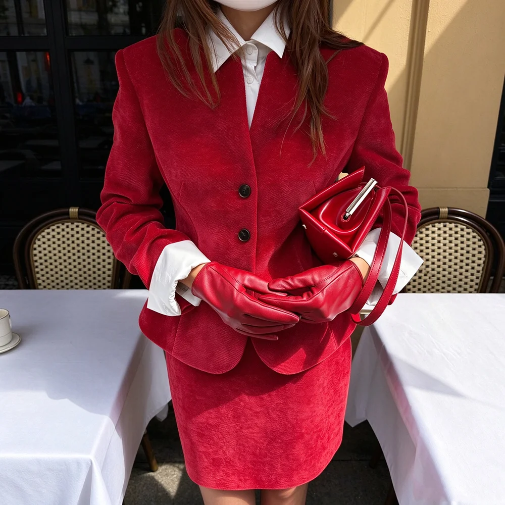 Elegant Red Women's Suit Tailored Classic Single Breasted Jacket Skirt 2 Piece Set Daily Office Business Chic Female Outfit