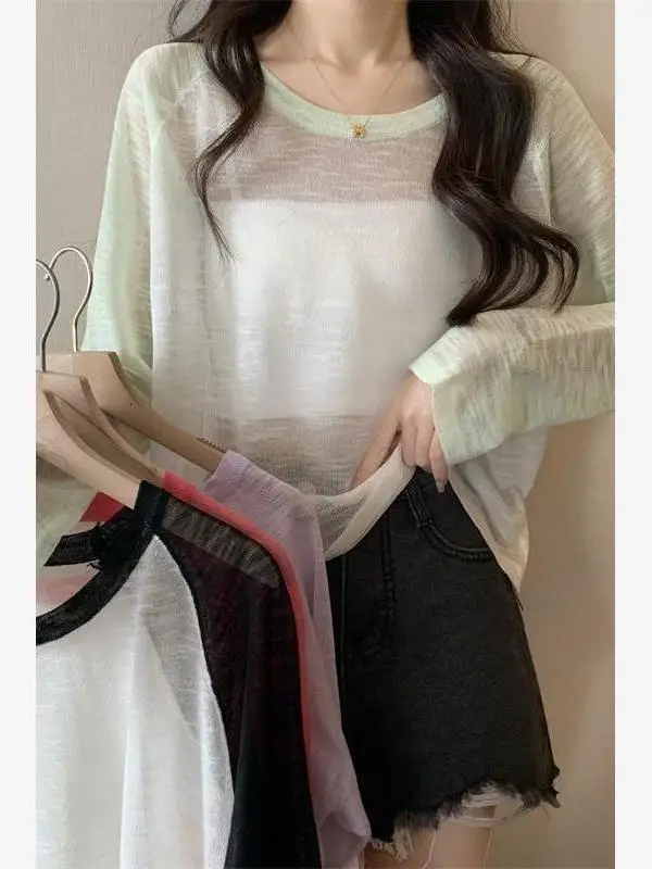 

American Sle Color Blo Long Sve Knitted Base irt Women Summer Thin Air Conditioning Sun Protection Cover up Top