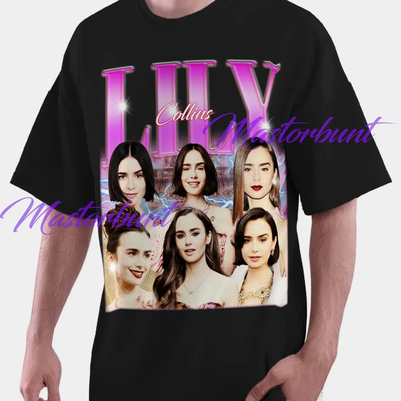 Vintage 90s Lily Collins Bootleg T shirt Retro Fan Casual vintage Washed Unisex Comfortable Versatile Slightly homme