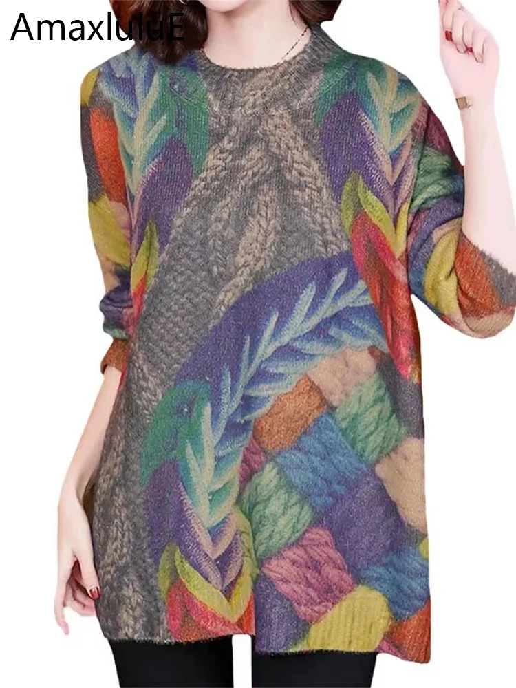 

Amax luluE Spring Fashion Knitwear 2024 Ladies Loose Printed Sweaters Womens Luxury Leisure Elegant Pullover O Neck Warm Jumpers