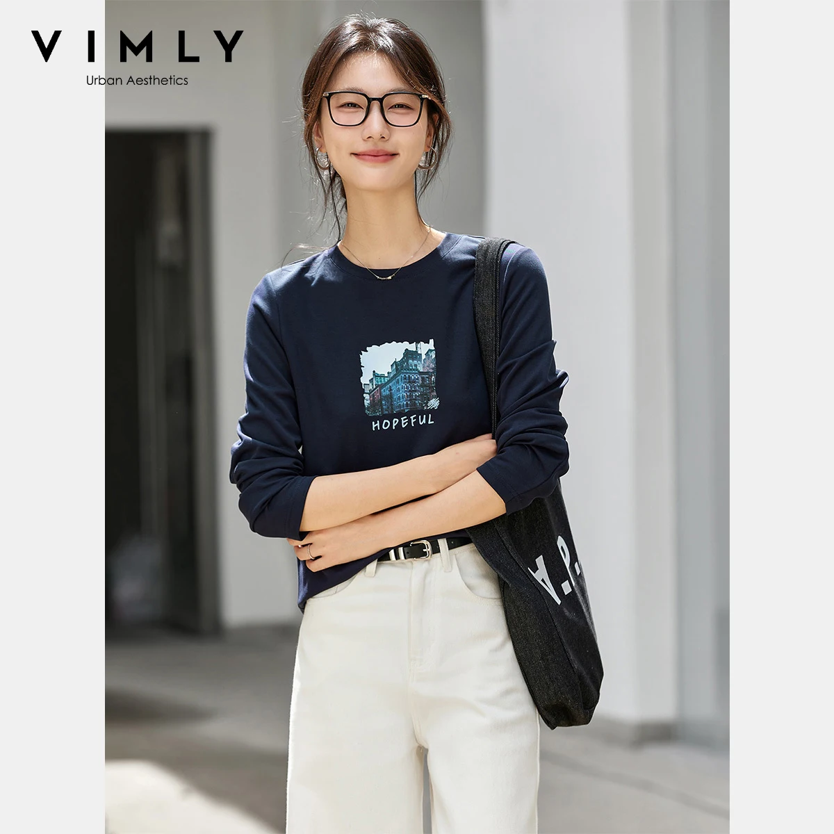 

VIMLY Navy Blue Women Long Sleeve T-shirts 2025 Autumn New Plant Printing Casual Tees Crew Neck Loose Knitted Ladies Tops A2580