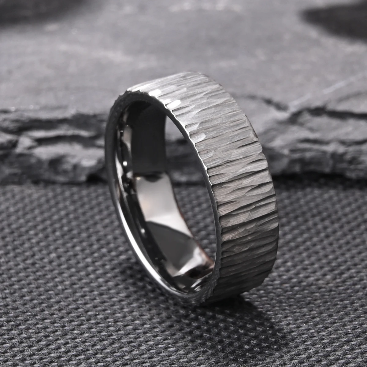 Tungsten Carbide Ring Men\'s 8mm Silvery Bark Textured Vintage Couple Engagement Wedding Rings Suitable for Party Anniversary