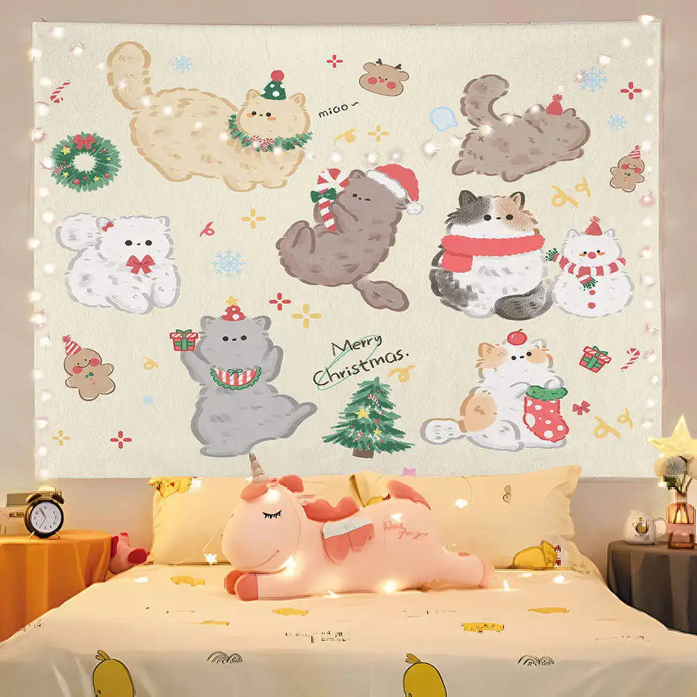 VIKAMA Kawaii Cat Tapestry Blue Sky Tulips Wall Hanging for Kids Bedroom Pastel Decor
