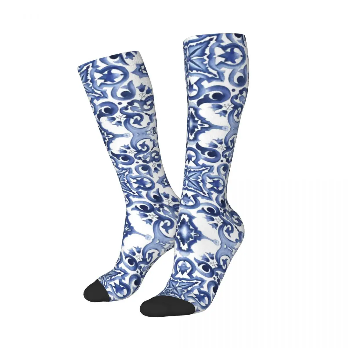 Blue Ornate Floral Mediterranean Sicilian Tile Socks Super Soft Stockings All Season Long Socks for Man\'s Woman Christmas Gifts