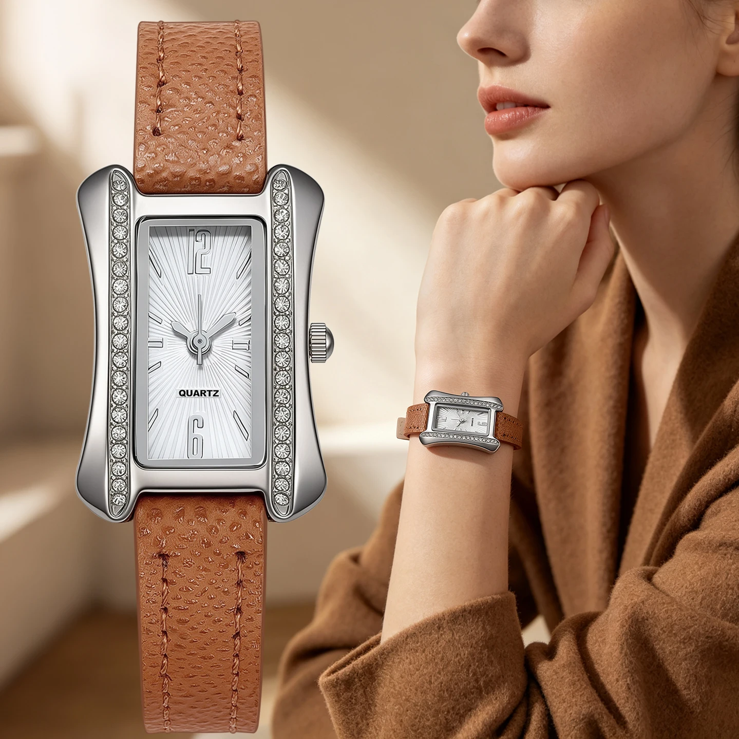 Vintage Rectangle Women Quartz Wristwatch Silver Alloy Special Shape Case Double Sides Rhinestone PU Leather Watch