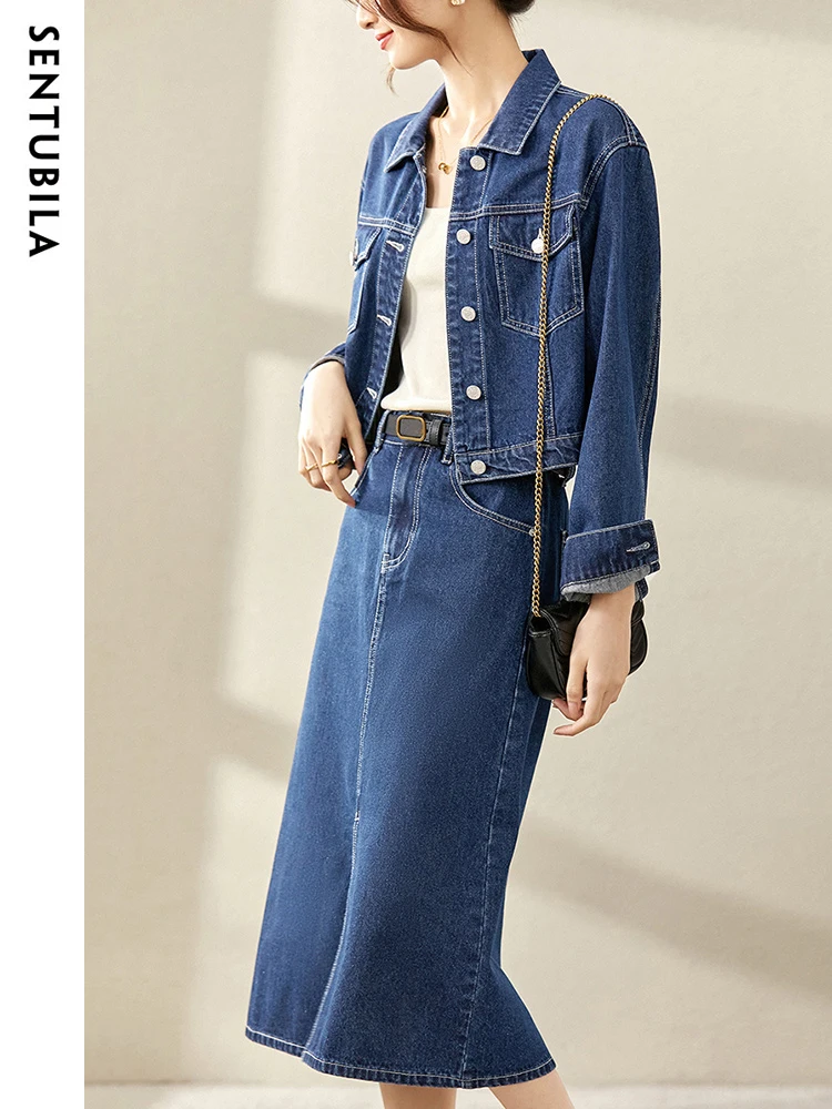 SENTUBILA Denim Two Piece Sets Women 2024 Spring Outfits Casual Fashion Crop Jacket Midi Split Skirt Matching Sets W31Z48578X