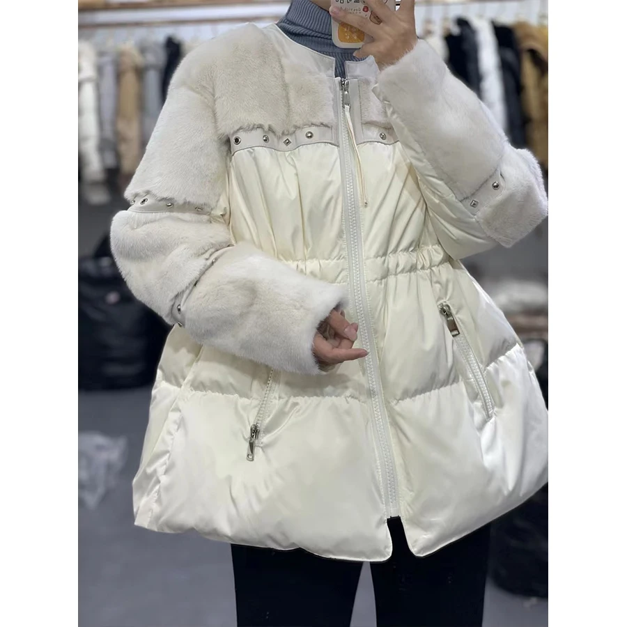 MENINA BONITA 2023 Winter Real Mink Fur Coat Women Natural White Goose Feather Down Jacket Warm Loose Luxury Fashion Streetwear