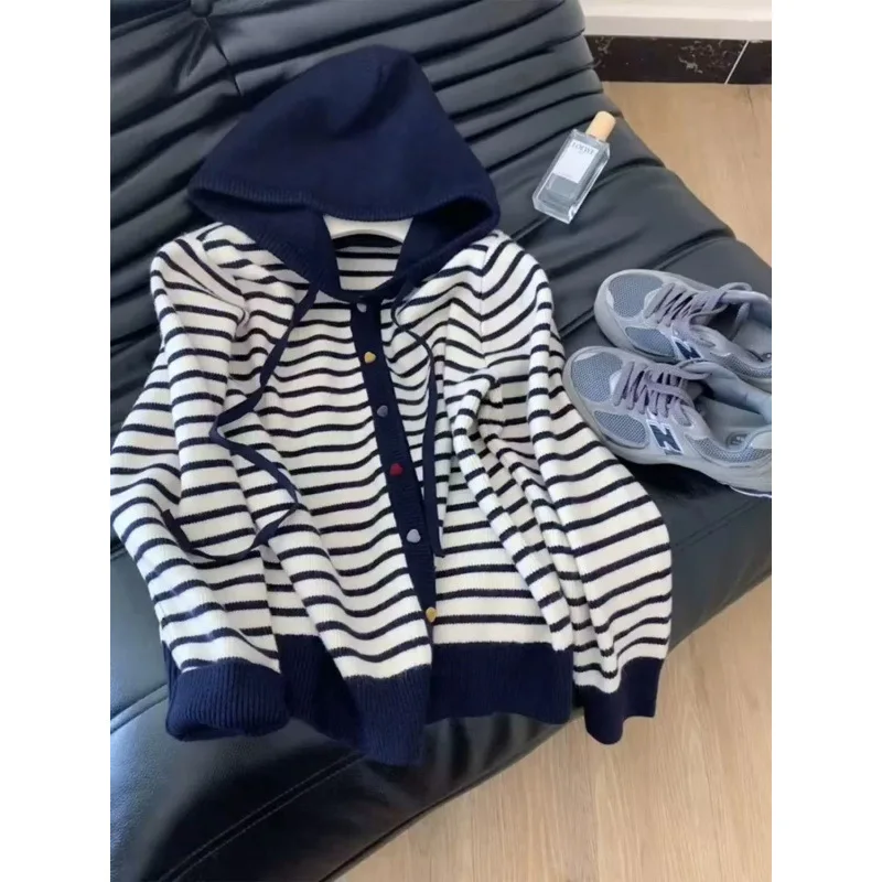 

Simple Color Buckle Hooded Striped Knitted Cardigan 2025 Autumn New Loose and Thin Sweater Jacket