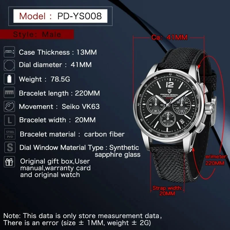 Sapphire Glass PAGANI DESIGN Men Quartz Watch VK63 100M Waterproof Stainless Steel Strap Casual Wristwatch