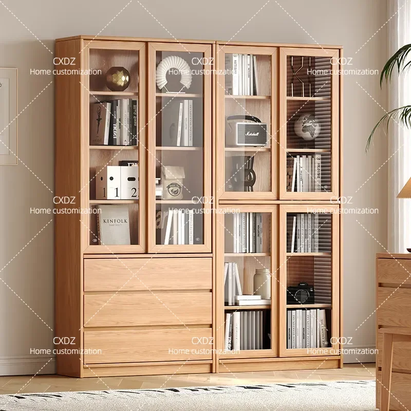 Solid Wood Bookcase with Sliding Glass Door Floor to Ceiling Modern Simple Storage Shelf for Home Bedroom Study Room