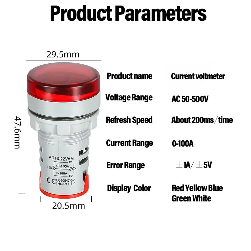 22mm Mini Round LED Measuring Ammeter Signal Light Voltmeter Dual Display Voltage AC 50-500V Current 0-100A Metering Indicator