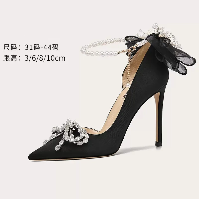 Spring and Summer Pointed Mesh Rhinestone Bowknot Pearl Single Shoes Thin High Heel Party Dress Large and Small Women's Sandals