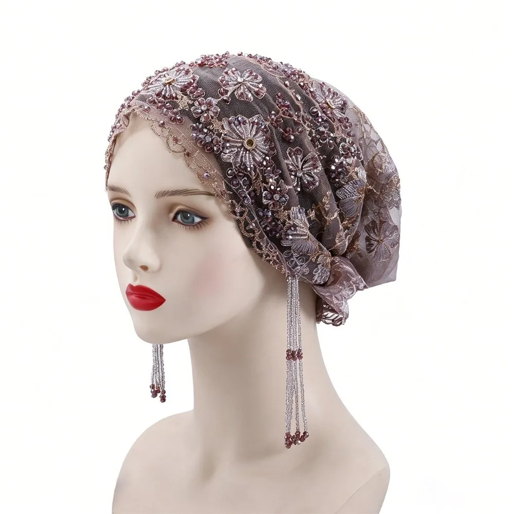 Shiny Beads Turban Hat Flower Embroidery Long Tassel Indian Headscarf Lightweight Elastic Band Fishtail Cap Fashion Ladies