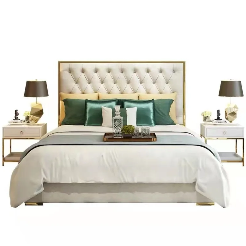 

Contemporary Hotel Leather Soft Beds High Headboard Gold Frame Storage Bed for Bedroom