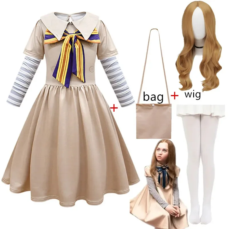 

Movie M3GAN Cosplay Costume Wig Dress for Kids Girls AI Doll Robots Megan Dresses Pantyhose Tie Uniform Halloween Costumes