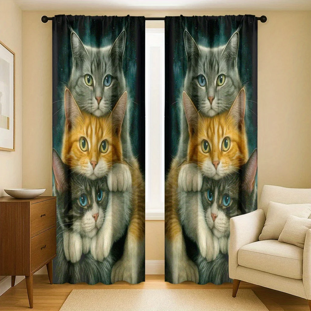 Cute Stack Cat Pet Theme Curtain 2 Panels Dark Starry Sky Base Realistic Kitty Print Window Drape Lovely Casual Living Room