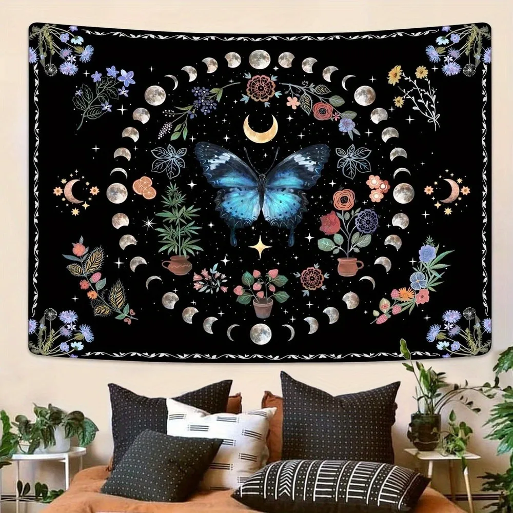 Boho Blauer Schmetterling Mond Blumen Wandteppich Mehrere Größen HD Sublimationsdruck Schwarz Gold 100% Polyester Waschbar Schlafzimmer Wohnzimmer