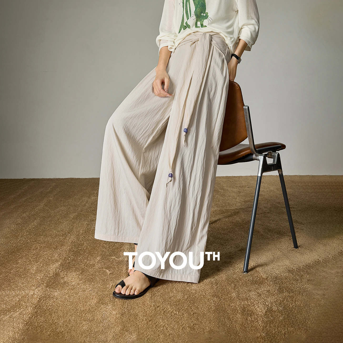 TOYOUTH Women Bohemian Wide-Leg Pants 2026 Spring New Crisscross Tie Design Relaxed-Fit Casual Trousers