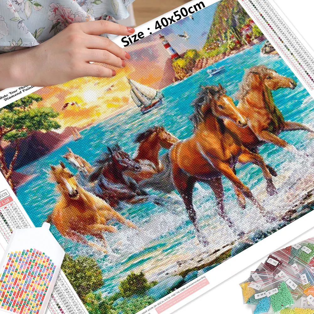 YIBRIGHT Animal diamond painting horse rhinestone diamond embroidery sunset mosaic seaside handmade mural