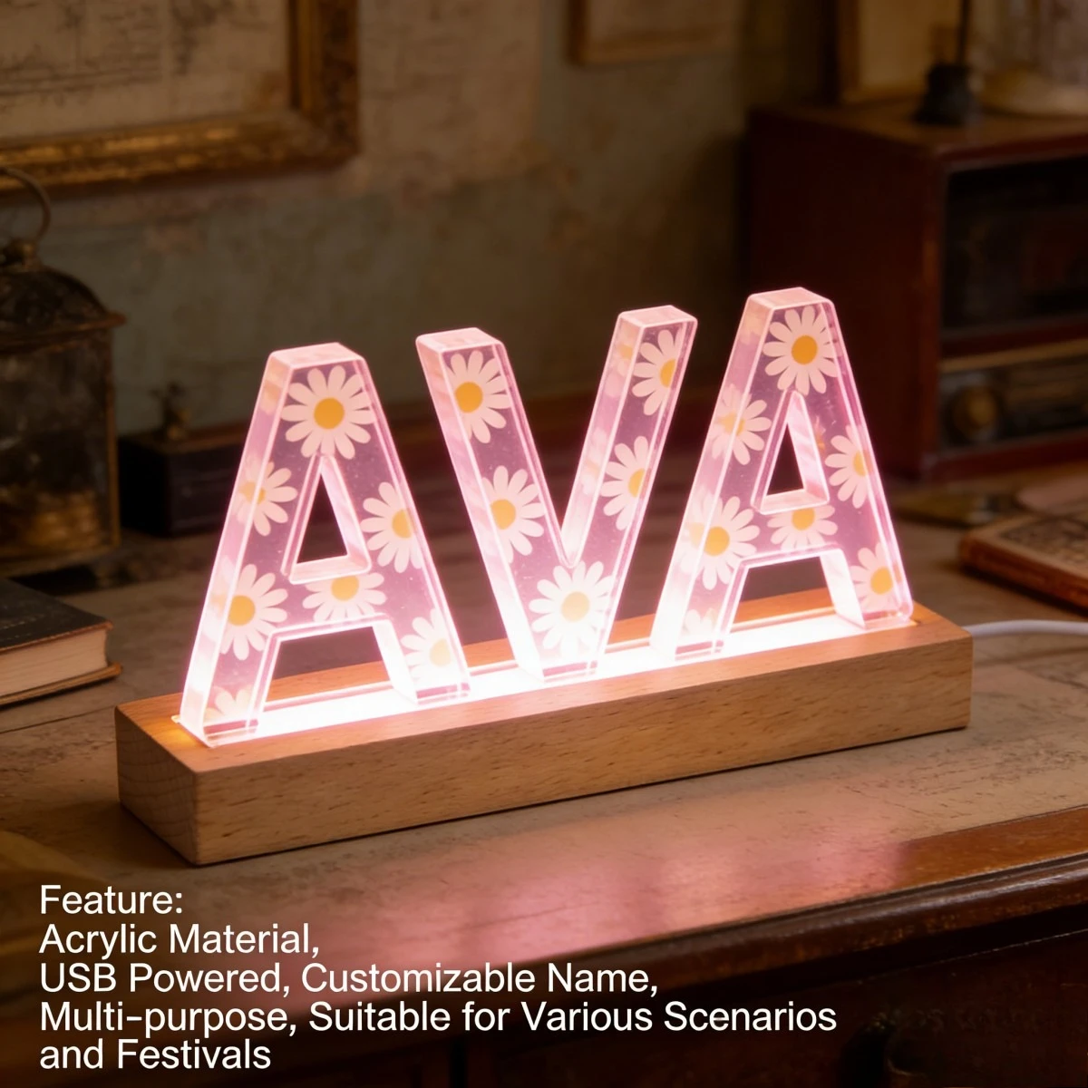 1pc Custom Name Acrylic LED Night Light for Kids, Custom Name Decor Lamp for Valentine's, Floral Warm White Lamp with Wooden Ba