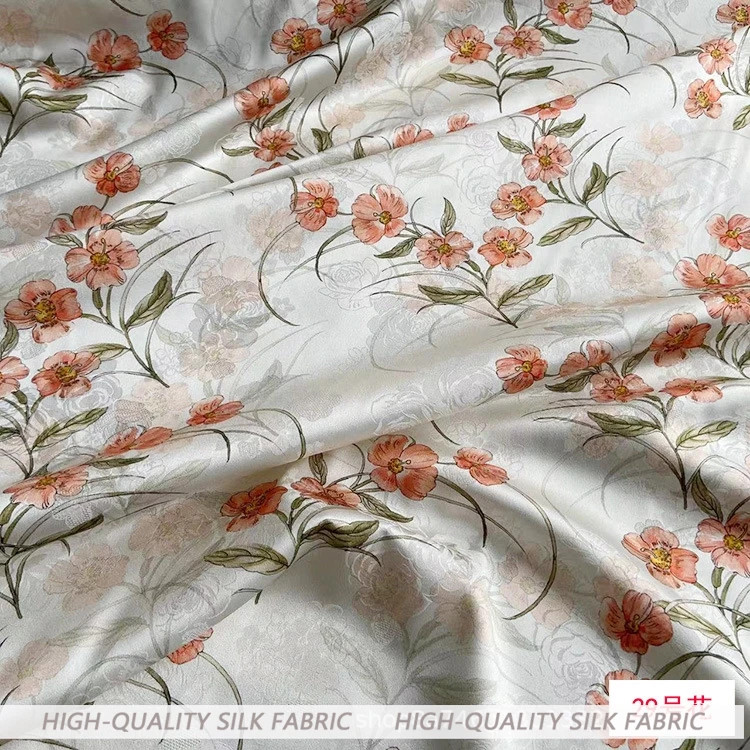 Sommer 19momme bedrucktes Stretch-Jacquard-Satin-Stoff, weiches und glatt drapiertes Cheongsam-Kleid aus Seide