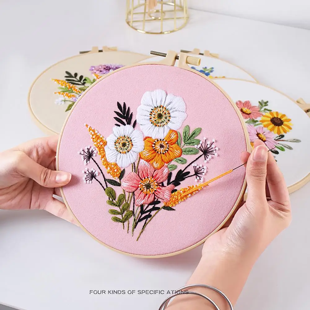 Embroidery Kits For Beginners Hand Embroidery Colorful Flower Plant DIY Kits With Embroidery Hoops Needles Threads