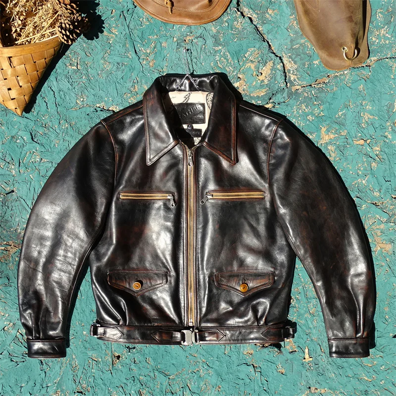 

Винтажная коричневая кожаная летная куртка мужская, укороченная, с длинными рукавами, ветрозащитная, бренд Curphey, из конской кожи, с ремнем и пряжкой