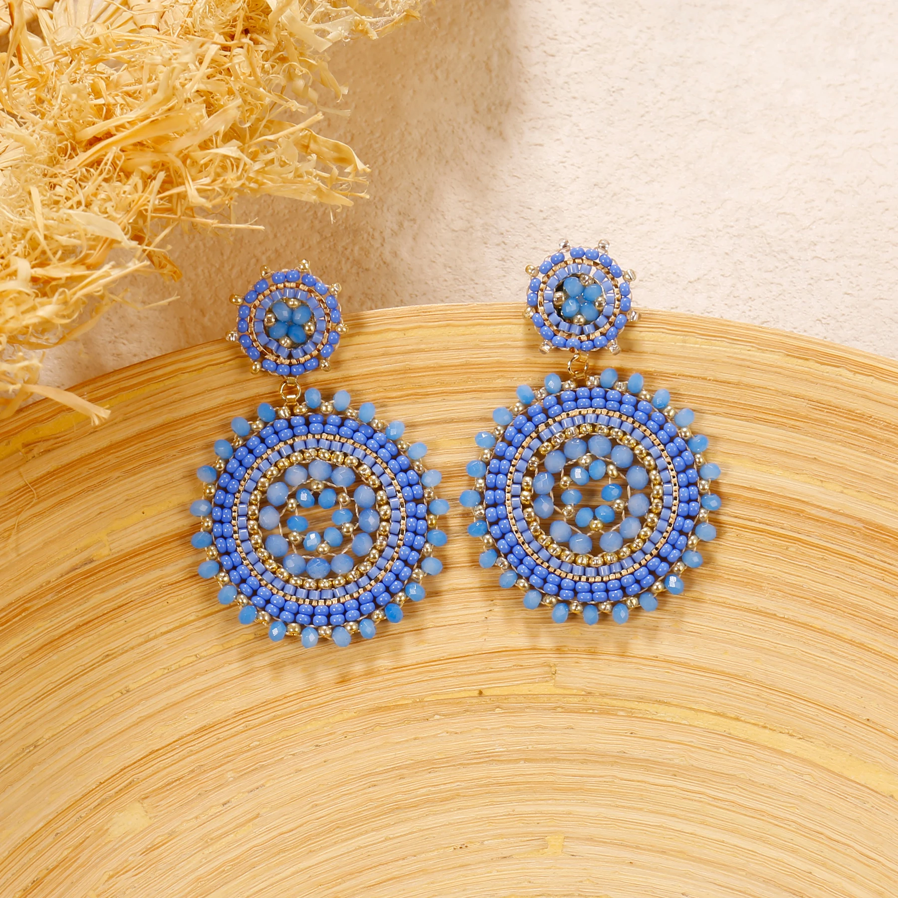 Badu Blue Beaded Earrings for Women Crystal Seed Beads Woven Round Dangle Handmade Earrings Bohemia Jewelry Oorbellen Gifts 2024