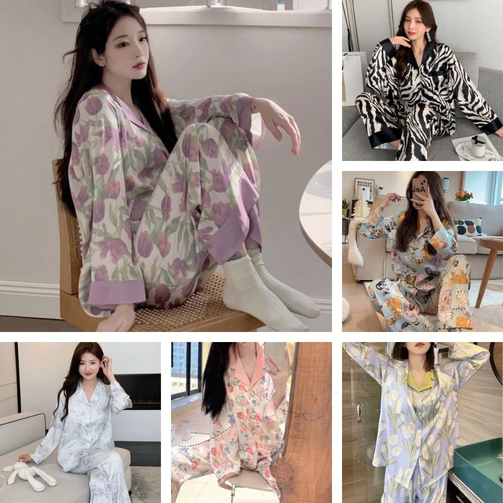

Fashion Loose Pajamas Set Women Ice Silk Cardigan Floral Sleepwear Sweet with Pocket Long Sleeved Pajamas Spring Autumn