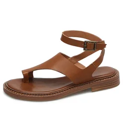 Retro Women Clip Toe Sandals Genuine Leather New 2025 Summer Ankle Strap Low Heeled Sandal Fashion Lady Black Brown Casual Shoes