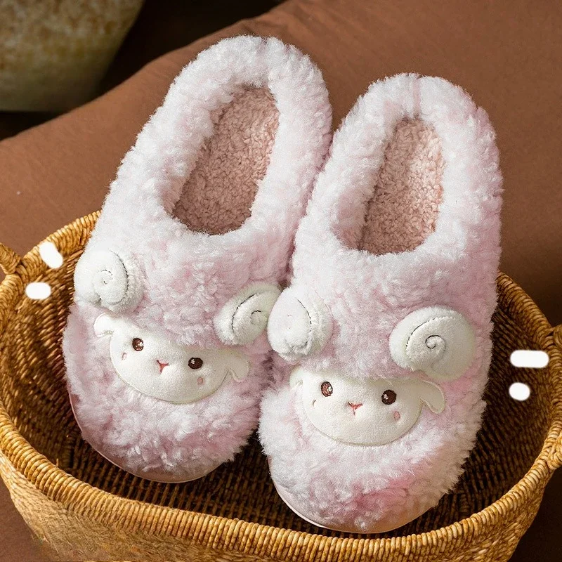 Women Home Fluffy Platform Anti Slip Comfortable Warm Shoes Cute Sheep Thickening Couple Slippers Cozy Soft Indoor Shoes kawayi