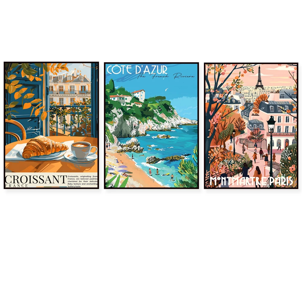 Strasbourg, Bordeaux, wine, Marseille, South of France, Provence, Lyon, croissant, breakfast in Paris, France travel posters