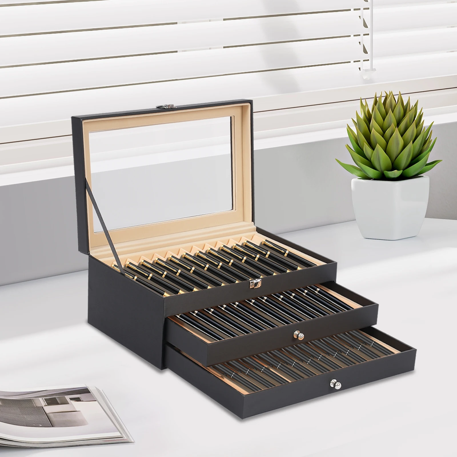 NEWEST 36 Slots Pen Display Box, Leather Pen Organizer Box, Glass Window Pen Collection Display Case, Luxury Pen Collector Case, Black